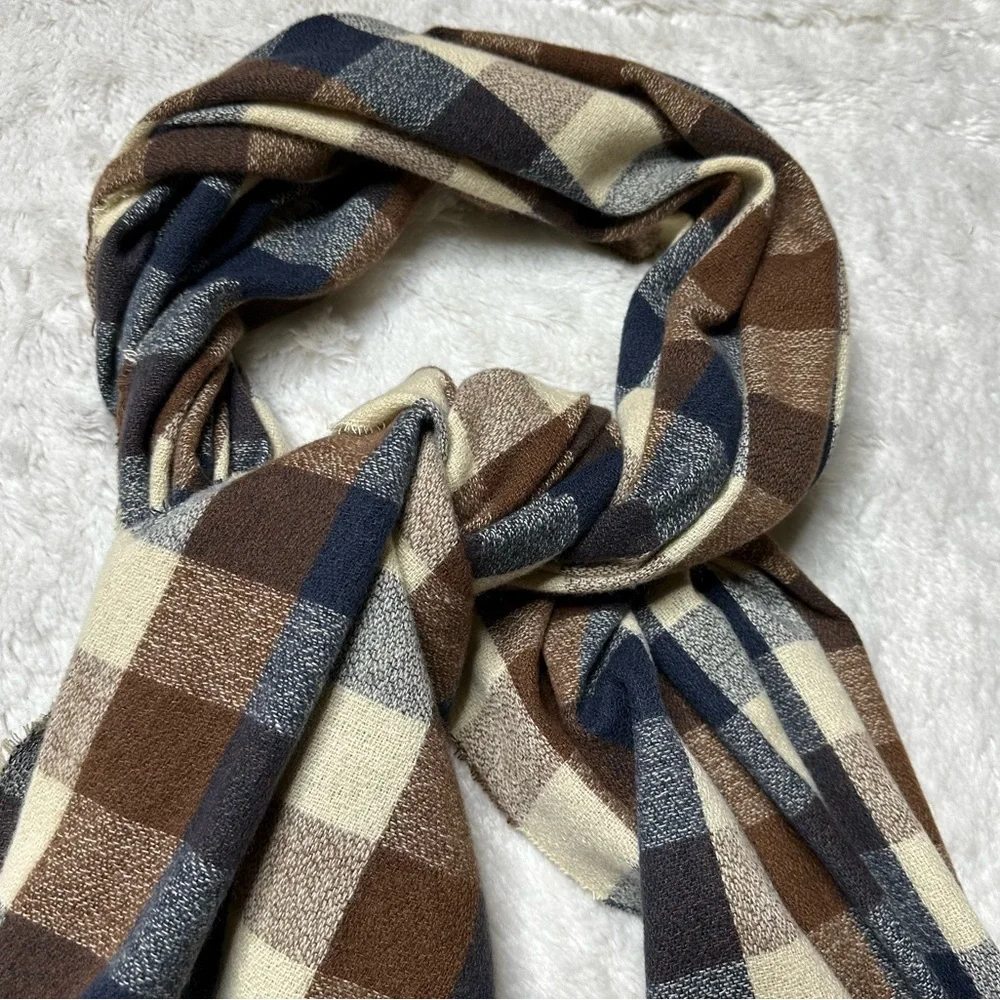 NWT Revolve Hat Attack Buffalo Check Scarf Navy Brown Women’s OS 79”x19.5”